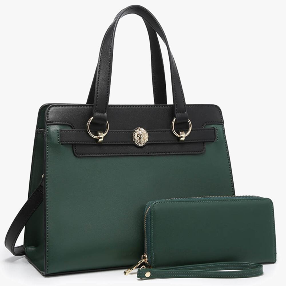 Lexie Two-Tone Vegan Leather Satchel Bag with Wallet in Hunter Green